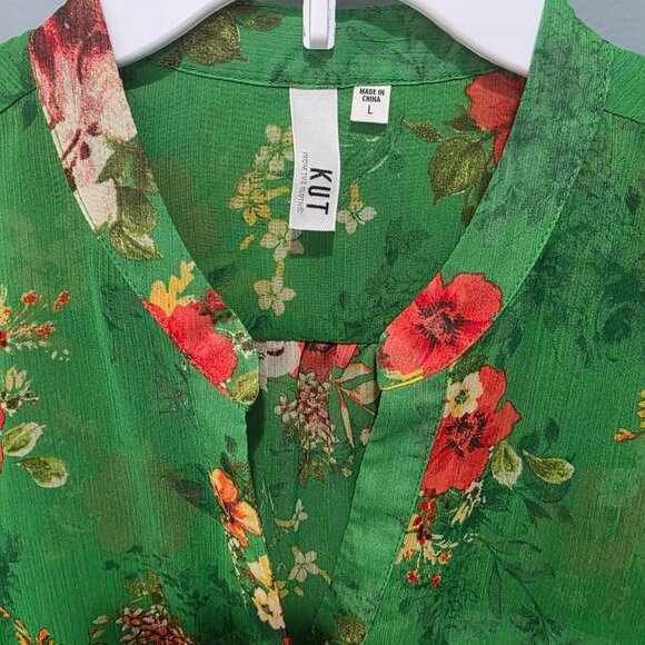 Kut From The Kloth Green Floral Button Up Blouse Women’s Large Sheer - Picture 2 of 6